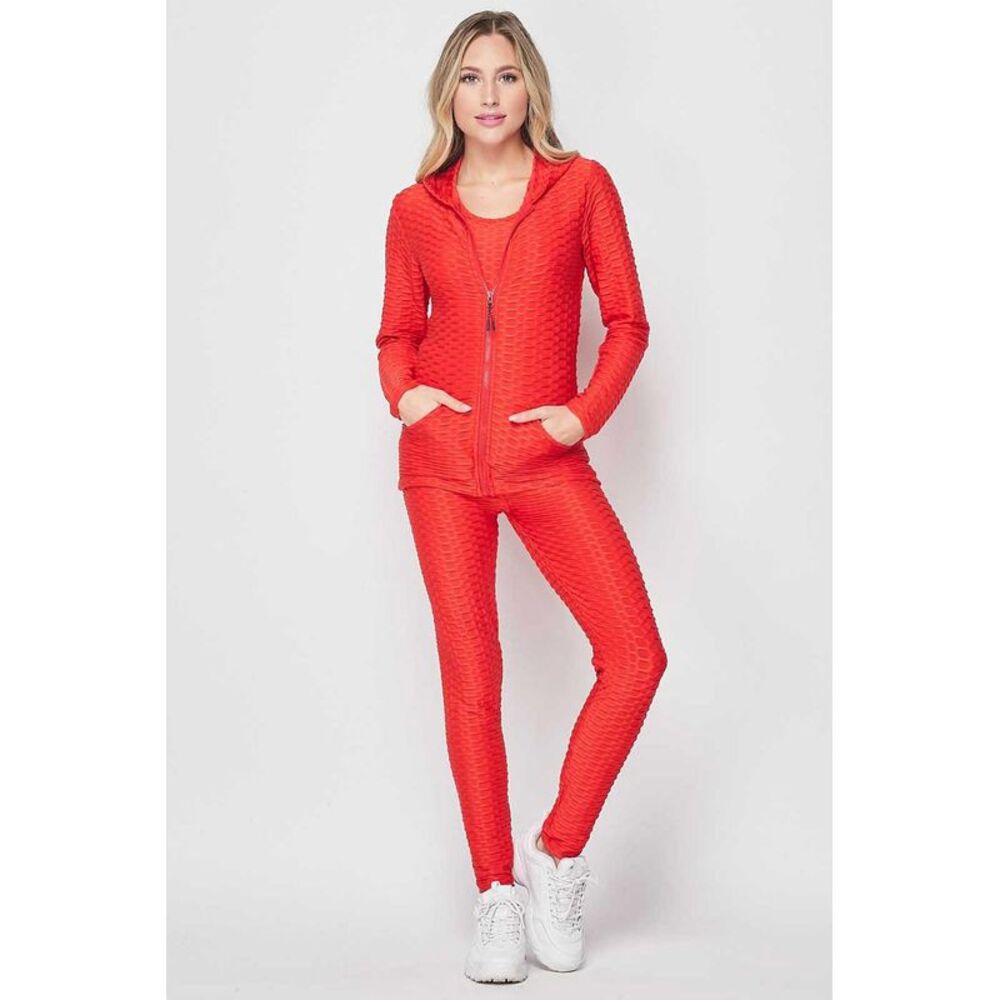 World of Leggings 3 Piece Scrunch Butt Leggings Tank Top and Hooded Jacket Set